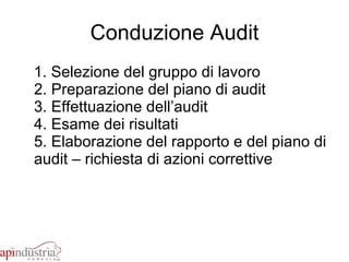 Conduzione Audit 1. Selezione del gruppo di lavoro 2. Preparazione del piano di audit 3. Effettuazione dell’audit 4. Esame dei risultati 5. Elaborazione del rapporto e del piano di audit – richiesta di azioni correttive 