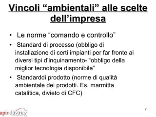 Vincoli “ambientali” alle scelte dell’impresa Le norme “comando e controllo” Standard di processo (obbligo di installazione di certi impianti per far fronte ai diversi tipi d’inquinamento- “obbligo della miglior tecnologia disponibile” Standarddi prodotto (norme di qualità ambientale dei prodotti. Es. marmitta catalitica, divieto di CFC) 