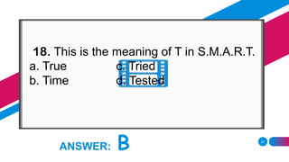 20
ANSWER: B
18. This is the meaning of T in S.M.A.R.T.
a. True c. Tried
b. Time d. Tested
 