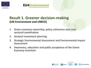 1. Green economy ownership, policy coherence and cross-
sectorial coordination
2. Sectoral investment planning
3. Strategic Environmental Assessment and Environmental Impact
Assessment
4. Awareness, education and public acceptance of the Green
Economy transition
Result 1. Greener decision-making
(UN Environment and UNECE)
 