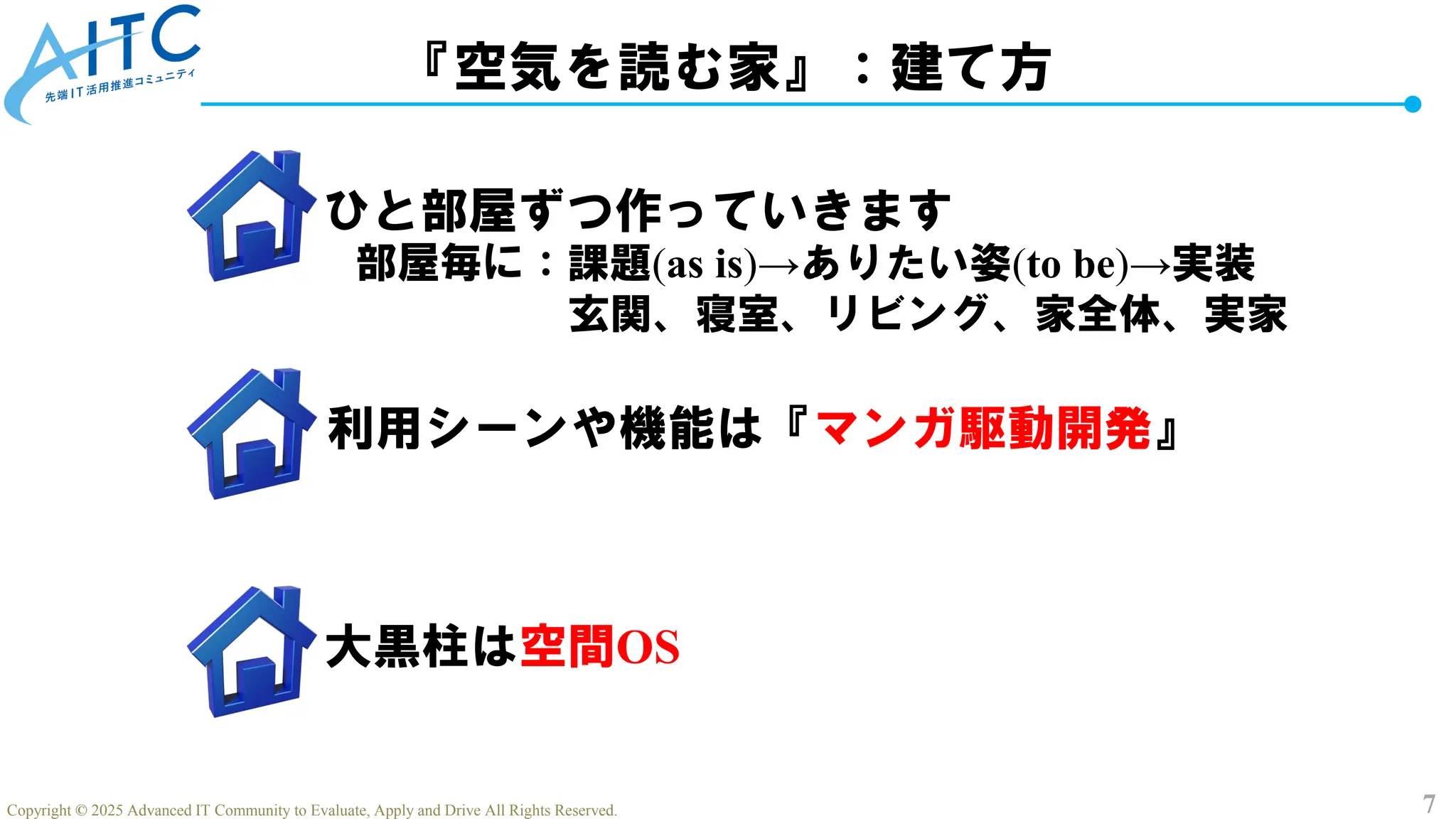 7
Copyright © 2025 Advanced IT Community to Evaluate, Apply and Drive All Rights Reserved.
『空気を読む家』：建て方
ひと部屋ずつ作っていきます
部屋毎に：課題(as is)→ありたい姿(to be)→実装
玄関、寝室、リビング、家全体、実家
大黒柱は空間OS
利用シーンや機能は『マンガ駆動開発』
 
