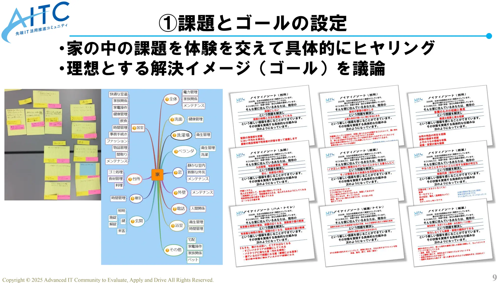 9
Copyright © 2025 Advanced IT Community to Evaluate, Apply and Drive All Rights Reserved.
①課題とゴールの設定
•家の中の課題を体験を交えて具体的にヒヤリング
•理想とする解決イメージ（ゴール）を議論
 