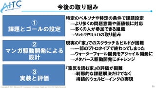 16
Copyright © 2025 Advanced IT Community to Evaluate, Apply and Drive All Rights Reserved.
今後の取り組み
①
課題とゴールの設定
②
マンガ駆動開発による
設計
③
実装と評価
特定のペルソナや特定の条件で課題設定
→より多くの問題意識や価値観に対応
→多くの人が参加できる組織
→Web3やDAOの取り組み
現実の『家』でのスクラッチ＆ビルドが困難
→一部のプトロタイプで終わってしまった
→ウォーターフォール開発をアジャイル開発に
→メタバース駆動開発にチャレンジ
『空気を読む家』の評価が困難
→刹那的な課題解決だけでなく
持続的ウェルビーイングの実現
 