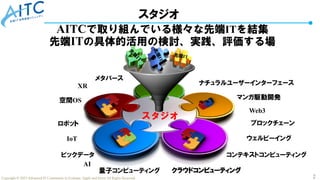 2
Copyright © 2025 Advanced IT Community to Evaluate, Apply and Drive All Rights Reserved.
スタジオ
スタジオ
コンテキストコンピューティング
ビックデータ
メタバース
マンガ駆動開発
ナチュラルユーザーインターフェース
XR
空間OS
クラウドコンピューティング
IoT
AI
ロボット
Web3
ウェルビーイング
量子コンピューティング
ブロックチェーン
AITCで取り組んでいる様々な先端ITを結集
先端ITの具体的活用の検討、実践、評価する場
 