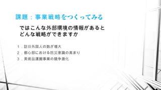 をつくってみる課題：事業戦略
ではこんな外部環境の情報があると
どんな戦略ができますか
１．訪日外国人の数が増大
２．都心部における防災意識の高まり
３．美術品運搬事業の競争激化
　
 