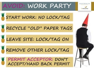 19
A U S T R A L I A
AVOID: WORK PARTY
PERMIT ACCEPTOR: DON’T
ACCEPT/HAND BACK PERMIT
START WORK: NO LOCK/TAG
RECYCLE “OLD” PAPER TAGS
LEAVE SITE: LOCK/TAG ON
REMOVE OTHER LOCK/TAG
 