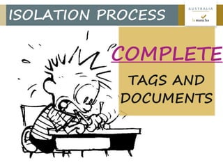 7
A U S T R A L I A
ISOLATION PROCESS
TAGS AND
DOCUMENTS
COMPLETE
 