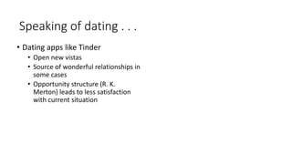 Speaking of dating . . .
• Dating apps like Tinder
• Open new vistas
• Source of wonderful relationships in
some cases
• Opportunity structure (R. K.
Merton) leads to less satisfaction
with current situation
 