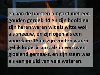 en aan de borsten omgord met een gouden gordel; 14 en zijn hoofd en zijn haren waren wit als witte wol, als sneeuw, en zijn ogen als een vuurvlam; 15 en zijn voeten waren gelijk koperbrons, als in een oven gloeiend gemaakt, en zijn stem was als een geluid van vele wateren. 