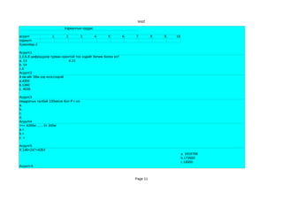 test2

                           Хариултын хуудас

асуулт             1        2       3         4      5         6   7         8   9   10
хариулт
Хувилбар-2

Асуулт1
1,0,6,8 цифрүүдээр гурван оронтой тоо хэдийг бичиж болох вэ?
a. 13                         d.12
b. 14
c.8
Асуулт2
4 км-ийг 36м-ээр ихэсгээрэй.
a.4000
b.1360
c. 4036

Асуулт3
квадратын талбай 100кв/см бол P-г ол.
a.
b.
c.
d.
Асуулт4
><= 4200кг........5т 200кг
a.<
b.>
c. =

Асуулт5
X:146+247=4353
                                                                                          a. 1818788
                                                                                          b.173500
                                                                                          c.18000
Асуулт-6


                                                                   Page 11
 