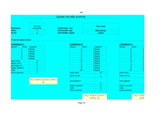dun

                                          Цахим тестийн үнэлгээ


                          Амгалан                                                 Ану-ү жин
Сургууль:                цогцолбор            Сурагчийн нэр:
Анги:                        4                Хичээлийн нэр:                     Математик
бү лэг                       д                Хичээлийн сэдэв:                     сорил


Ү нэлгээ харах хэсэг:

ХУВИЛБАР-1:                                              ХУВИЛБАР-2:                          ХУВИЛБАР-3:
асуулт       оноо     хариулт                            асуулт       оноо       хариулт      асуулт       оноо
           1        0 буруу                                         1          0 буруу                   1          0
           2        0 буруу                                         2          0 буруу                   2          0
           3        0 буруу                                         3          0 буруу                   3          0
           4        0 буруу                                         4          0 буруу                   4          0
           5        0 буруу                                         5          0 буруу                   5          0
авах оноо                    5                                      6          0 буруу                   6          0
авсан оноо                   0                                      7          0 буруу                   7          0
зөв хариулт                  0                                      8          0 буруу                   8          0
буруу хариулт                5                                      9          0 буруу                   9          0
хувь                         0                                     10          0 буруу                  10          0
үсгэн үнэлгээ                 f                          авах оноо                    10      авах оноо
                                                         авсан оноо                   0       авсан оноо

                      муу байна дахин хийнэ              зөв хариулт                          зөв хариулт
                               үү                                                     0
                                                         буруу хариулт                5       буруу хариулт
                                                         хувь                         0       хувь
                                                         үсгэн үнэлгээ                f       үсгэн үнэлгээ

                                                                         муу байна дахин                      муу байна дахин
                                                                             хийнэ үү                             хийнэ үү
                                                                 Page 13
 