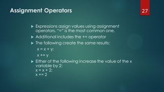 27Assignment Operators
 Expressions assign values using assignment
operators. “=” is the most common one.
 Additional includes the += operator
 The following create the same results:
x = x + y;
x += y
 Either of the following increase the value of the x
variable by 2:
x = x + 2;
x += 2
 
