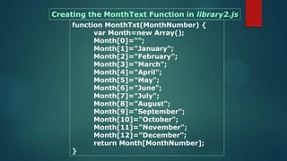 function MonthTxt(MonthNumber) {
var Month=new Array();
Month[0]="";
Month[1]="January";
Month[2]="February";
Month[3]="March";
Month[4]="April";
Month[5]="May";
Month[6]="June";
Month[7]="July";
Month[8]="August";
Month[9]="September";
Month[10]="October";
Month[11]="November";
Month[12]="December";
return Month[MonthNumber];
}
Creating the MonthText Function in library2.js
 