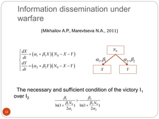 Information dissemination under
warfare
The necessary and sufficient condition of the victory I1
over I2
12
1 2
1 0 2 0
1 2
ln(1 ) ln(1 )
2 2
N N
 
 
 

 
  
  
1 1 0
2 2 0
dX
X N X Y
dt
dY
Y N X Y
dt
 
 

   

    

0N
X Y
1 1,  2 2, 
(Mikhailov A.P., Marevtseva N.A., 2011)
 