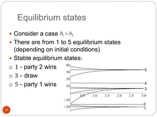 Equilibrium states
 Consider a case
 There are from 1 to 5 equilibrium states
(depending on initial conditions)
 Stable equilibrium states:
21
o 1 – party 2 wins
o 3 – draw
o 5 – party 1 wins
1 2b b
 
