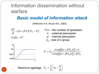 Basic model of information attack
- the number of spreaders
- external persuasion
- internal persuasion
- size of a group
Information dissemination without
warfare
  0
dN
N N N
dt
   
(Mikhailov A.P., Klusov N.V., 2002)
  0
0N N
  
  
0
0
0 0
exp
exp
N t
N N
N t N
   
   
 

 
6


0N
( )N t
Maximum agiotage: 0
1
2
gN N


 
  
 
 