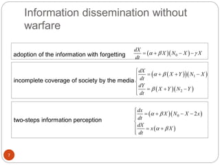 Information dissemination without
warfare
7
adoption of the information with forgetting   0
dX
X N X X
dt
     
incomplete coverage of society by the media
two-steps information perception
   
  
1
2
dX
X Y N X
dt
dY
X Y N Y
dt
 


   

   

  
 
0 2
dx
X N X x
dt
dX
x X
dt
 
 

   

  

 