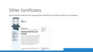 Other Certificates
Rice University and Coursera Specialization Certificate in Business Statistics and Analysis
 