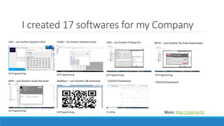 I created 17 softwares for my Company
JAEE – Just Another Equation Editor YADBS – Yet Another Database Studio JAFG – Just Another FFMpeg GUI JAYTD – Just Another YouTube Downloader
JAAR – Just Another Audio Recorder JAQRGen – Just Another QR Generator COVID19 Dashboard
More: http://dstk.tech/
COVID19 Dashboard
C# Programming C# Programming C# Programming C# Programming
C# Programming
C# Programming R, Shiny
 