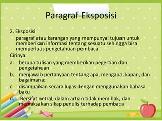 Paragraf Eksposisi
2. Eksposisi
paragraf atau karangan yang mempunyai tujuan untuk
memberikan informasi tentang sesuatu sehingga bisa
memperluas pengetahuan pembaca
Cirinya:
a. berupa tulisan yang memberikan pegertian dan
pengetahuan
b. menjawab pertanyaan tentang apa, mengapa, kapan, dan
bagaimana;
c. disampaikan secara lugas dengan menggunakan bahasa
baku
d. Bersifat netral, dalam artian tidak memihak, dan
memaksakan sikap penulis terhadap pembaca
 