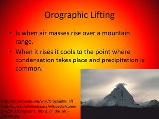 Orographic Lifting
    • Is when air masses rise over a mountain
      range.
    • When it rises it cools to the point where
      condensation takes place and precipitation is
      common.



http://en.wikipedia.org/wiki/Orographic_lift
http://upload.wikimedia.org/wikipedia/comm
ons/b/b2/Orographic_lifting_of_the_air_-
_NOAA.jpg
 