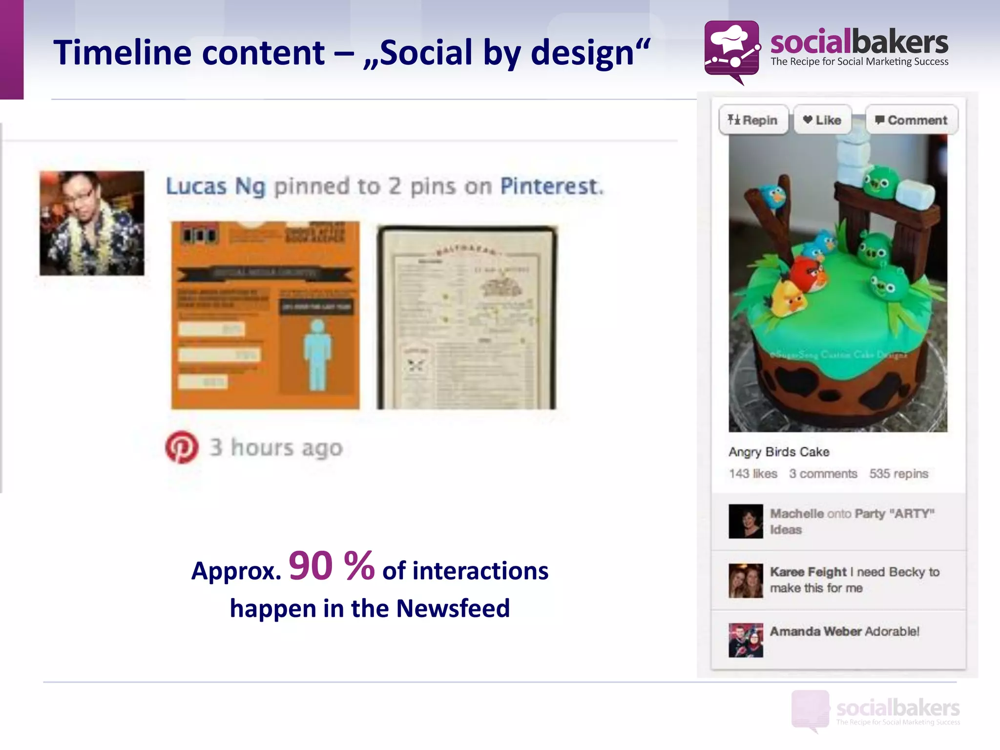 Timeline content – „Social by design“




        Approx. 90 % of interactions
          happen in the Newsfeed
 