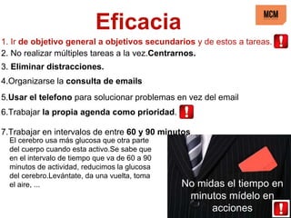 No midas el tiempo en
minutos mídelo en
acciones
Eficacia
7.Trabajar en intervalos de entre 60 y 90 minutos
El cerebro usa más glucosa que otra parte
del cuerpo cuando esta activo.Se sabe que
en el intervalo de tiempo que va de 60 a 90
minutos de actividad, reducimos la glucosa
del cerebro.Levántate, da una vuelta, toma
el aire, ...
1. Ir de objetivo general a objetivos secundarios y de estos a tareas.
2. No realizar múltiples tareas a la vez.Centrarnos.
3. Eliminar distracciones.
4.Organizarse la consulta de emails
5.Usar el telefono para solucionar problemas en vez del email
6.Trabajar la propia agenda como prioridad.
 