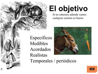 Si no sabemos adonde vamos
cualquier camino es bueno
El objetivo
Especificos
Medibles
Acordados
Realistas
Temporales / periódicos
 
