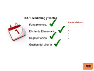 DIA 1. Marketing y ventas
Fundamentos.
El cliente.El mercado.
Segmentación
Gestion del cliente
Ideas básicas
-
-
-
-
-
-
 