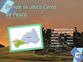 El departamento de
Pasco se encuentra
ubicado en el
centro del Perú,
abarca zonas
andinas y selva
amazónica
 