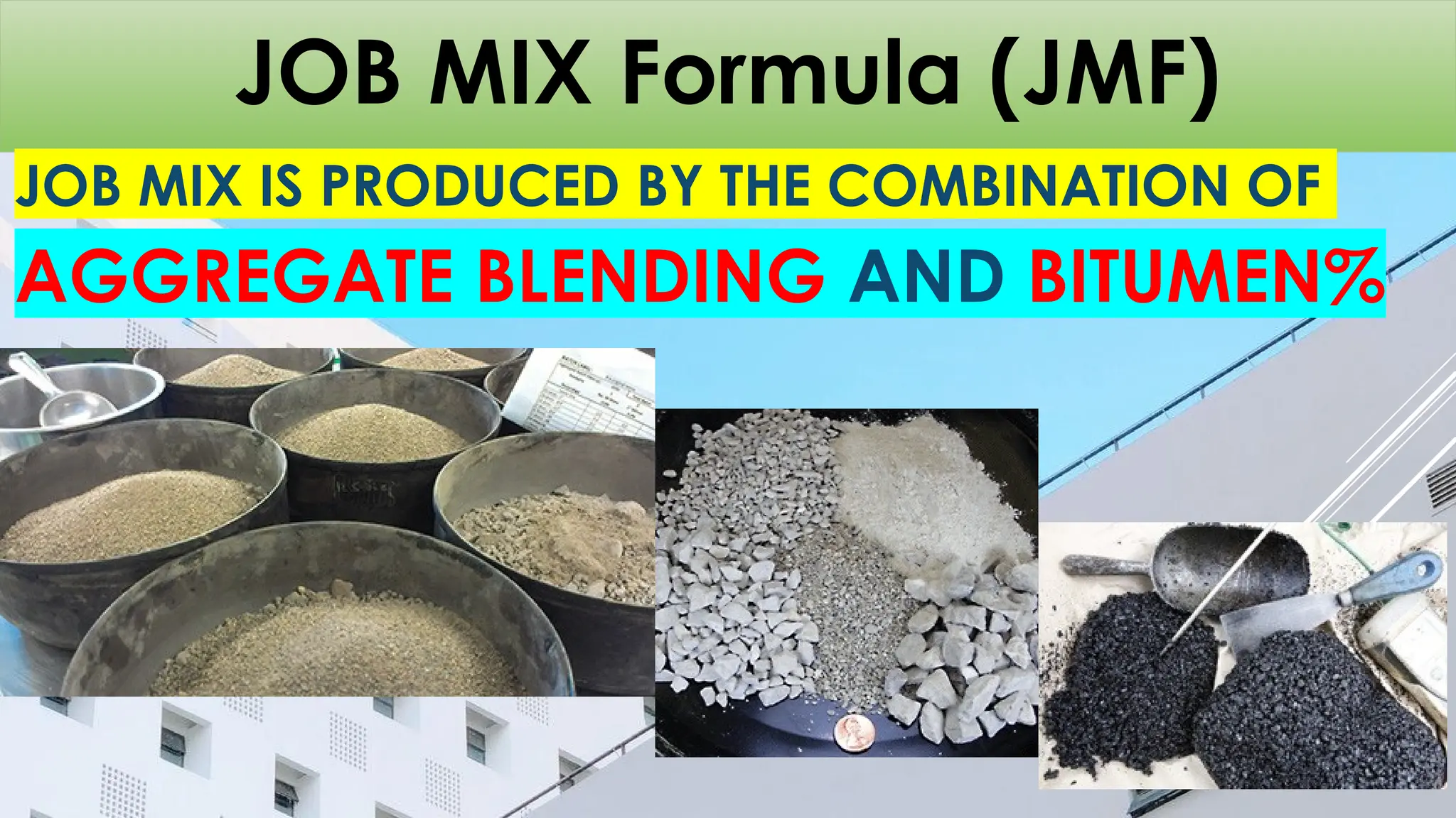 JOB MIX Formula (JMF)
JOB MIX IS PRODUCED BY THE COMBINATION OF
AGGREGATE BLENDING AND BITUMEN%
 