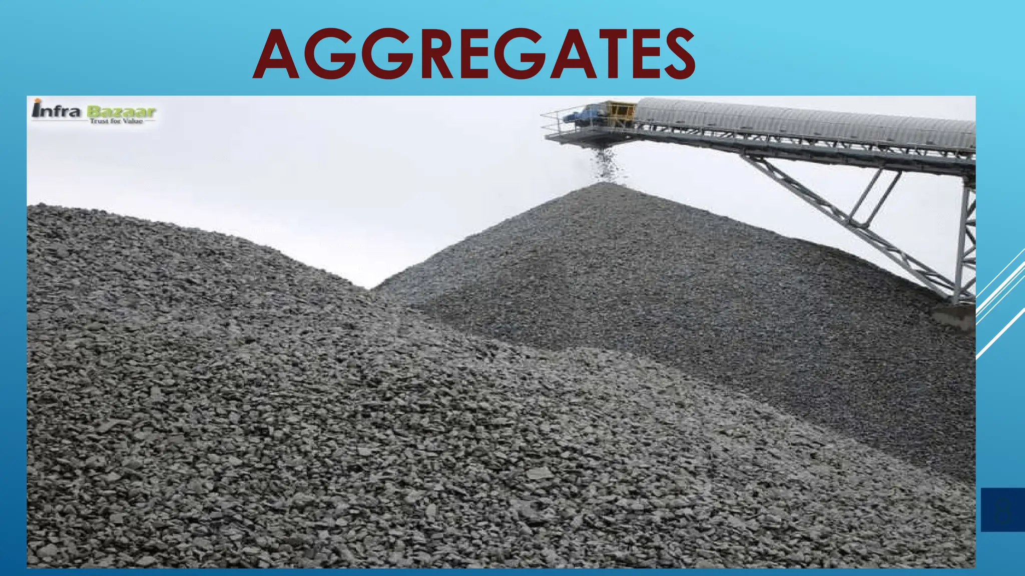 AGGREGATES
 “aggregate”, is a broad category of coarse particulate
material used in construction, including sand, gravel,
crushed stone, slag, recycled concrete and
geosynthetic aggregates. ...
 Aggregates are also used as base material under
foundations,
8
 The basic property of the aggregate
is its grain size distribution or
gradation
 