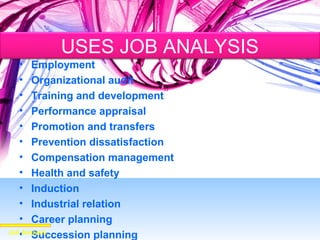 • Employment
• Organizational audit
• Training and development
• Performance appraisal
• Promotion and transfers
• Prevention dissatisfaction
• Compensation management
• Health and safety
• Induction
• Industrial relation
• Career planning
• Succession planningJob Analysis
USES JOB ANALYSIS
 