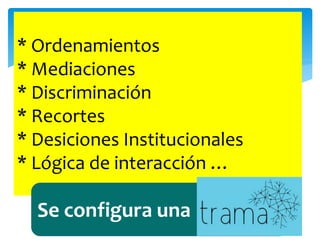 * Ordenamientos
* Mediaciones
* Discriminación
* Recortes
* Desiciones Institucionales
* Lógica de interacción …
Se configura una
 