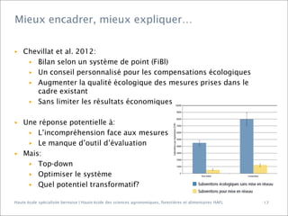 Mieux encadrer, mieux expliquer…

▶

Chevillat et al. 2012:
▶ Bilan selon un système de point (FiBl)
▶ Un conseil personnalisé pour les compensations écologiques
▶ Augmenter la qualité écologique des mesures prises dans le
cadre existant
▶ Sans limiter les résultats économiques

Une réponse potentielle à:
▶ L’incompréhension face aux mesures
▶ Le manque d’outil d’évaluation
▶ Mais:
▶ Top-down
▶ Optimiser le système
▶ Quel potentiel transformatif?
▶

Haute école spécialisée bernoise | Haute école des sciences agronomiques, forestières et alimentaires HAFL

17

 