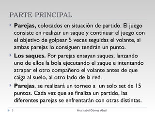 PARTE PRINCIPAL Parejas,  colocados en situación de partido. El juego consiste en realizar un saque y continuar el juego con el objetivo de golpear 5 veces seguidas el volante, si ambas parejas lo consiguen tendrán un punto. Los saques.  Por parejas ensayan saques, lanzando uno de ellos la bola ejecutando el saque e intentando atrapar el otro compañero el volante antes de que caiga al suelo, al otro lado de la red.   Parejas , se realizará un torneo a  un solo set de 15 puntos. Cada vez que se finaliza un partido, las diferentes parejas se enfrentarán con otras distintas.  Ana Isabel Gómez Abad 