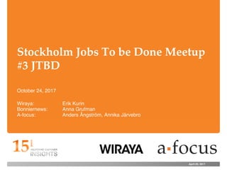 April 20, 2017
Stockholm Jobs To be Done Meetup
#3 JTBD
Wiraya: Erik Kurin
Bonniernews: Anna Grufman
A-focus: Anders Ångström, Annika Järvebro
October 24, 2017
 