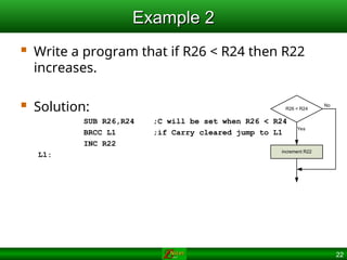 22
Example 2
Example 2
 Write a program that if R26 < R24 then R22
increases.
 Solution:
SUB R26,R24 ;C will be set when R26 < R24
BRCC L1 ;if Carry cleared jump to L1
INC R22
L1:
R26 < R24
increment R22
No
Yes
 