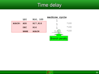 36
Time delay
Time delay
LDI R16, 100
AGAIN: ADD R17,R16
DEC R16
BRNE AGAIN
machine cycle
1
1
1
1/2
*100
*100
*100
Branch penalty
 