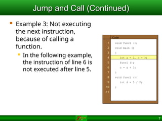 7
Jump and Call (Continued)
Jump and Call (Continued)
 Example 3: Not executing
the next instruction,
because of calling a
function.
 In the following example,
the instruction of line 6 is
not executed after line 5.
1
2
3
4
5
6
7
8
9
10
11
void func1 ();
void main ()
{
int a = 2, c = 3;
func1 ();
c = a + 3;
}
void func1 (){
int d = 5 / 2;
}
Code
 