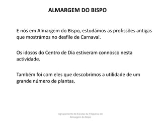 ALMARGEM DO BISPO	E nós em Almargem do Bispo, estudámos as profissões antigas que mostrámos no desfile de Carnaval. 	Os idosos do Centro de Dia estiveram connosco nesta actividade.	Também foi com eles que descobrimos a utilidade de um grande número de plantas.Agrupamento de Escolas da Freguesia de Almargem do Bispo