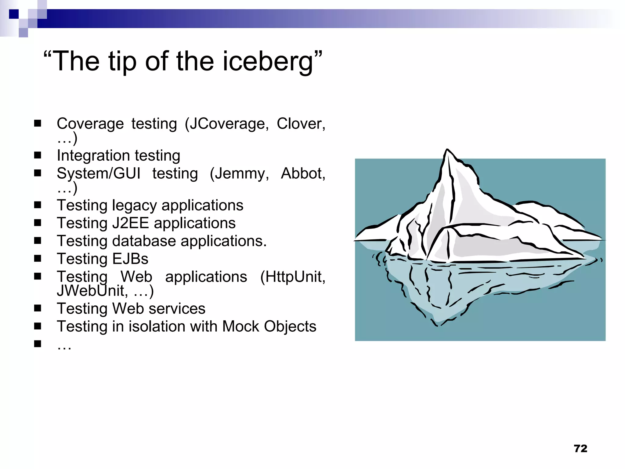 “ The tip of the iceberg”   Coverage testing (JCoverage, Clover, …) Integration testing System/GUI testing (Jemmy, Abbot, …) Testing legacy applications Testing J2EE applications Testing database applications.  Testing EJBs Testing Web applications (HttpUnit, JWebUnit, …) Testing Web services Testing in isolation with Mock Objects … 