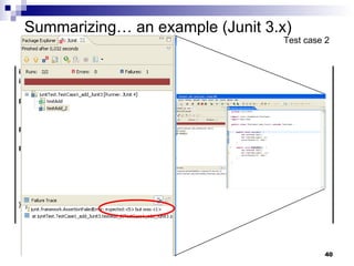 Summarizing… an example (Junit 3.x) Test case 2 import  junit.framework.TestCase; import  math.Add; public   class  TestCase1_add_Junit3  extends  TestCase { public   void  testAdd() {…  } public   void  testAdd_2() { Add add= new  Add(); int  sum=add. sum (3, -2); assertEquals (5, sum); } } 