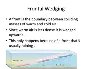 Frontal Wedging
• A front is the boundary between colliding
  masses of warm and cold air.
• Since warm air is less dense it is wedged
  upwards .
• This only happens because of a front that’s
  usually raining .
 
