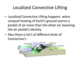 Localized Convective Lifting
• Localized Convective Lifting happens when
  unequal heating of Earth’s ground warms a
  pocket of air more than the other air, lowering
  the air pocket’s density.
• Also there is lot’s of different kinds of
  Connective's .
 