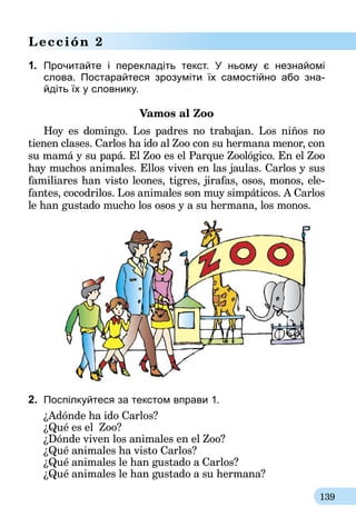 139
Lección 2
1. 	Прочитайте i перекладіть текст. У ньому є незнайомі
слова. Постарайтеся зрозуміти їх самостійно або зна-
йдіть їх у словнику.
Vamos al Zoo
Hoy es domingo. Los padres no trabajan. Los niños no
tienen clases. Carlos ha ido al Zoo con su hermana menor, con
su mamá y su papá. El Zoo es el Parque Zoológico. En el Zoo
hay muchos animales. Ellos viven en las jaulas. Carlos y sus
familiares han visto leones, tigres, jirafas, osos, monos, ele­
fantes, cocodrilos. Los animales son muy simpáticos. A Carlos
le han gustado mucho los osos y a su hermana, los monos.
2.	 Поспiлкуйтеся за текстом вправи 1.
¿Adónde ha ido Carlos?
¿Qué es el Zoo?
¿Dónde viven los animales en el Zoo?
¿Qué animales ha visto Carlos?
¿Qué animales le han gustado a Carlos?
¿Qué animales le han gustado a su hermana?
 
