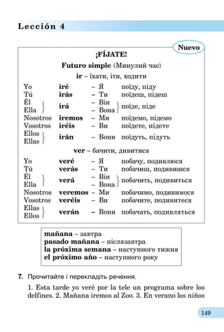 149
Lección 4
¡FÍJATE!
Futuro simple (Минулий час)
ir – їхати, іти, ходити
Yo 	 iré 	 –	 Я 	 поїду, піду
Tú 	 irás	 –	 Ти 	 поїдеш, підеш
Él 	
irá
	 –	 Він	
поїде, піде
Ella		 –	Вона
Nosotros	 iremos	–	Ми	 поїдемо, підемо
Vosotros	 iréis	–	Ви	 поїдете, підете
Ellos	 irán	–	Вони	 поїдуть, підуть
Ellas	
ver – бачити, дивитися
Yo	 veré	–	Я	 побачу, подивлюся
Tú	 verás	–	Ти	 побачиш, подивишся
Él	 verá
	–	Він	
побачить, подивиться
Ella	–	Вона	
Nosotros	 veremos	–	Ми	 побачимо, подивимося
Vosotros	 veréis	–	Ви	 побачите, подивитеся
Ellas	
verán	 –	 Вони	 побачать, подивляться
Ellos
Nuevo
mañana – завтра
pasado mañana – післязавтра
la próxima semana – наступного тижня
el próximo año – наступного року
7.	 Прочитайте і перекладіть речення.
1. Esta tarde yo veré por la tele un programa sobre los
delfines. 2. Mañana iremos al Zoo. 3. En verano los niños
 
