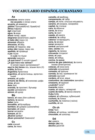 175
VOCABULARIO ESPAÑOL-UCRANIANO
acostarse лягати спати
	 me acuesto я лягаю спати
acuario, el акваріум
¡Аdiós! Прощавай(те)!; Бувай(те)!
África Африка
ágil спритний
agua, la вода
ahora тепер, зараз
alegrarse веселитися; радіти
al lado (de) поруч (з)
almorzar обідати
almuerzo, el обід
animal, el тварина; звір
antes (de) перед; перш ніж
apellido, el прізвище
a pie пішки
	 ir a pie іти пішки
aprender вивчати
¿A qué hora? O котрій годині?
¿A qué hora nos vemos? ­
O котрій годині зустрінемося?
aquí lo (la) tienes ось, візьми його (її)
ardilla, la білка
Argentina Аргентина
argentino, el аргентинець; аргентин-
ський
armario, el шафа
armario de libros, el книжкова шафа
arroz, el рис
Asia Азія
avenida, la проспект; бульвар
ayudar допомагати
azúcar, el цукор
Вb
banco, el лава (для сидіння)
bañera, la ванна
beber пити
bocadillo, el бутерброд
bombón, el цукерка (шоколадна)
borrador, el гумка
borrar витирати
bosque, el ліс
¡Bueno! Добре!
¡Buen provecho! Смачного!
Сc
cada кожний
cama, la ліжко
camello, el верблюд
campamento, el табір
campo, el поле; сільська місцевість
canario, el канарка, канарейка
capital, la столиця
саrа, la обличчя
carne, la м’ясо
carta, la лист
casete, el касета
catedral, la собор
catorce чотирнадцять
cena, la вечеря
cenar вечеряти
central центральний
cien, ciento сто
cigüeña, la лелека
cincuenta п’ятдесят
circo, el цирк
cisne, el лебідь
cocina, la кухня
cocina de gas (eléctrica), la плита
газова (електрична)
colacao, el кока-кола
colorado кольоровий
comedor, el їдальня
comida, la їжа; приймання їжі
cómodo зручний
cordero, el ягня, вівця
costumbre: de costumbre звичайно
croasane, el круасан
¿cuándo? коли?
cuarenta сорок
cuarto, el чверть; четвертий
cuarto de baño, el ванна кім­ната
Cuba Куба
cubano, el кубинець; кубинський
cuchara, la ложка
cucharilla, la ложечка (чайна)
cuchillo, el ніж
Ch ch­
Chile Чилі
chileno, el чилієць; чилійський
chocolate, el шоколад
Dd­
dar давати
debajo (de) під
décimo десятий
Aа
 