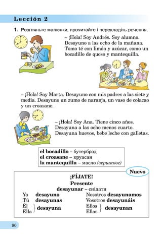 90
Lección 2
1.	 Розгляньте малюнки, прочитайте і перекладіть речення.
– ¡Hola! Soy Andrés. Soy alumno.
Desayuno a las ocho de la mañana.
Tomo té con limón y azúcar, como un
bocadillo de queso y mantequilla.

– ¡Hola! Soy Marta. Desayuno con mis padres a las siete y
media. Desayuno un zumo de naranja, un vaso de colacao
y un croasane.
– ¡Hola! Soy Ana. Tiene cinco años.
Desayuna a las ocho menos cuarto.
Desayuna huevos, bebe leche con galletas.
el bocadillo – бутерброд
el croasane – круасан
la mantequilla – масло (вершкове)
¡FÍJATE!
Presente
desayunar – снідати
Yo desayuno	Nosotros desayunamos
Tú desayunas	Vosotros desayunáis
Él		 Ellos
Ella	
desayuna
	 Ellas	
desayunan
Nuevo
 