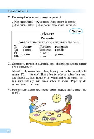 94
Lección 3
2.	 Поспілкуйтеся за малюнком вправи 1.
¿Qué hace Pipo? ¿Qué pone Pipo sobre la mesa?
¿Qué hace Rufo? ¿Qué pone Rufo sobre la mesa?
¡FÍJATE!
Presente
poner – ставити, класти; накривати (на стіл)
Yo pongo	Nosotros	ponemos
Tú pones	Vosotros	ponéis
Él	 	Ellos
Ella
pone
	 Ellas	
ponen
Nuevo
3.	 Доповніть речення відповідними формами слова poner
і перекладіть їх.
Mamá … la mesa. Yo … los platos y las cucharas sobre la
mesa. Tú … los cuchillos y los tenedores sobre la mesa.
La abuela … las tazas y los vasos sobre la mesa. Yo …
las servilletas y las flores sobre la mesa. Pepe ayuda
a mamá a … la mesa.
4.	 Розгляньте малюнок, прочитайте і перекладіть текст (на
с. 93).
 